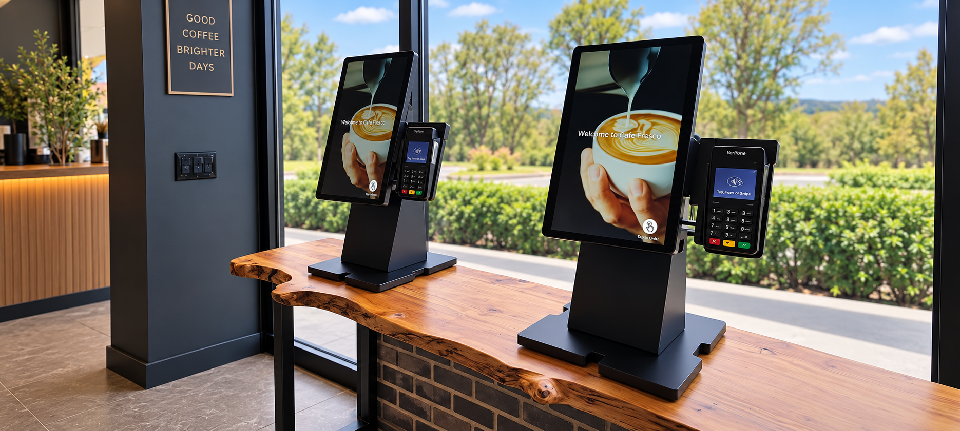 Self-service café ordering kiosks on a wooden counter