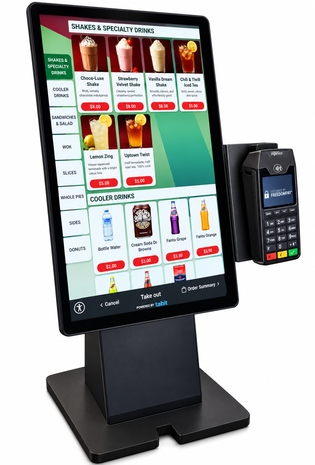 Self-service ordering kiosk with integrated payment terminal