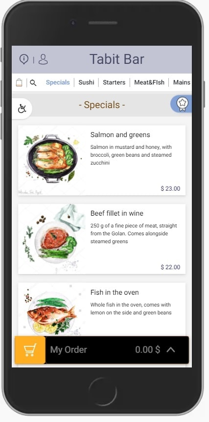 Tabit Bar mobile restaurant ordering screen